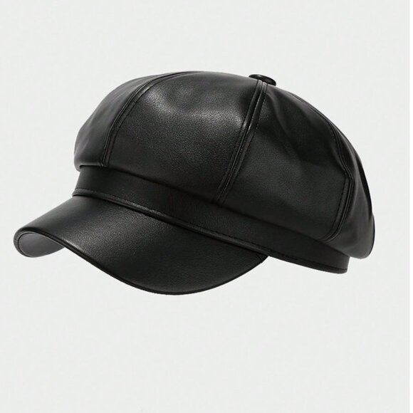 Vegan Leather Baker Boy Cap Black - Picture 1 of 5
